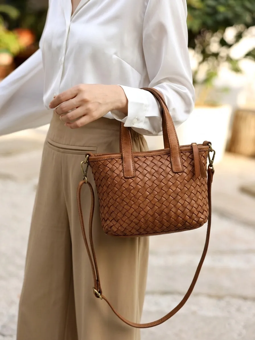 Tessia Handwoven Washed Leather Crossbody Tote โ LA-B0308